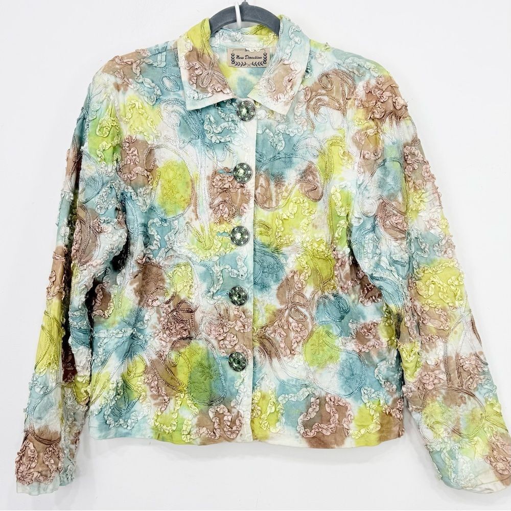 New Direction Tie Dye Ruffle Trim Embroidered Paisley Whimsical Retro Jacket